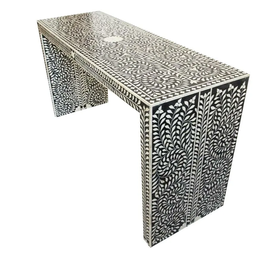 Handmade Bone Inlay Long Entryway Console Table in Black and White Color