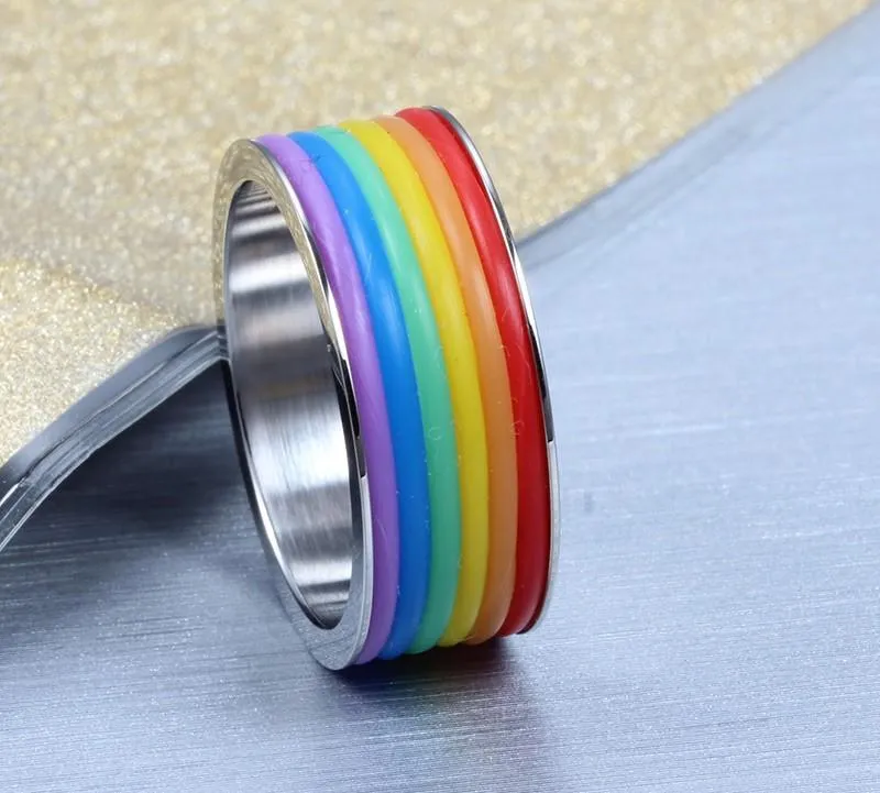 Inlaid Rainbow Flag Premium Steel Ring