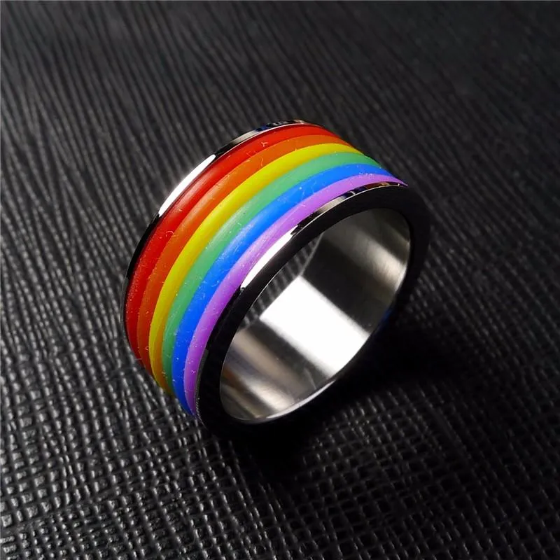 Inlaid Rainbow Flag Premium Steel Ring