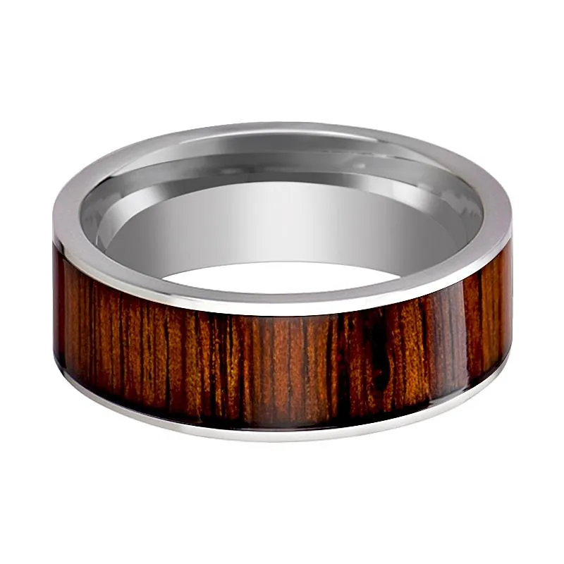 KALANI | Silver Tungsten Ring, Rare Koa Wood Inlay, Flat