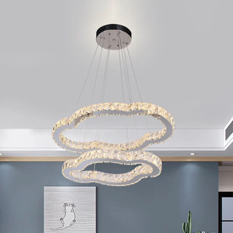 LED Chandelier with Inlaid Crystal Design, Chrome Finish, 2-Tier Cloud Shaped Pendant Light Kit â€“ Warm/White Light