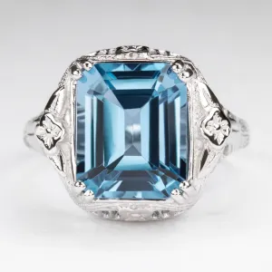 LONDON BLUE TOPAZ STERLING SILVER VINTAGE STYLE RING DECO EMERALD CUT FILIGREE