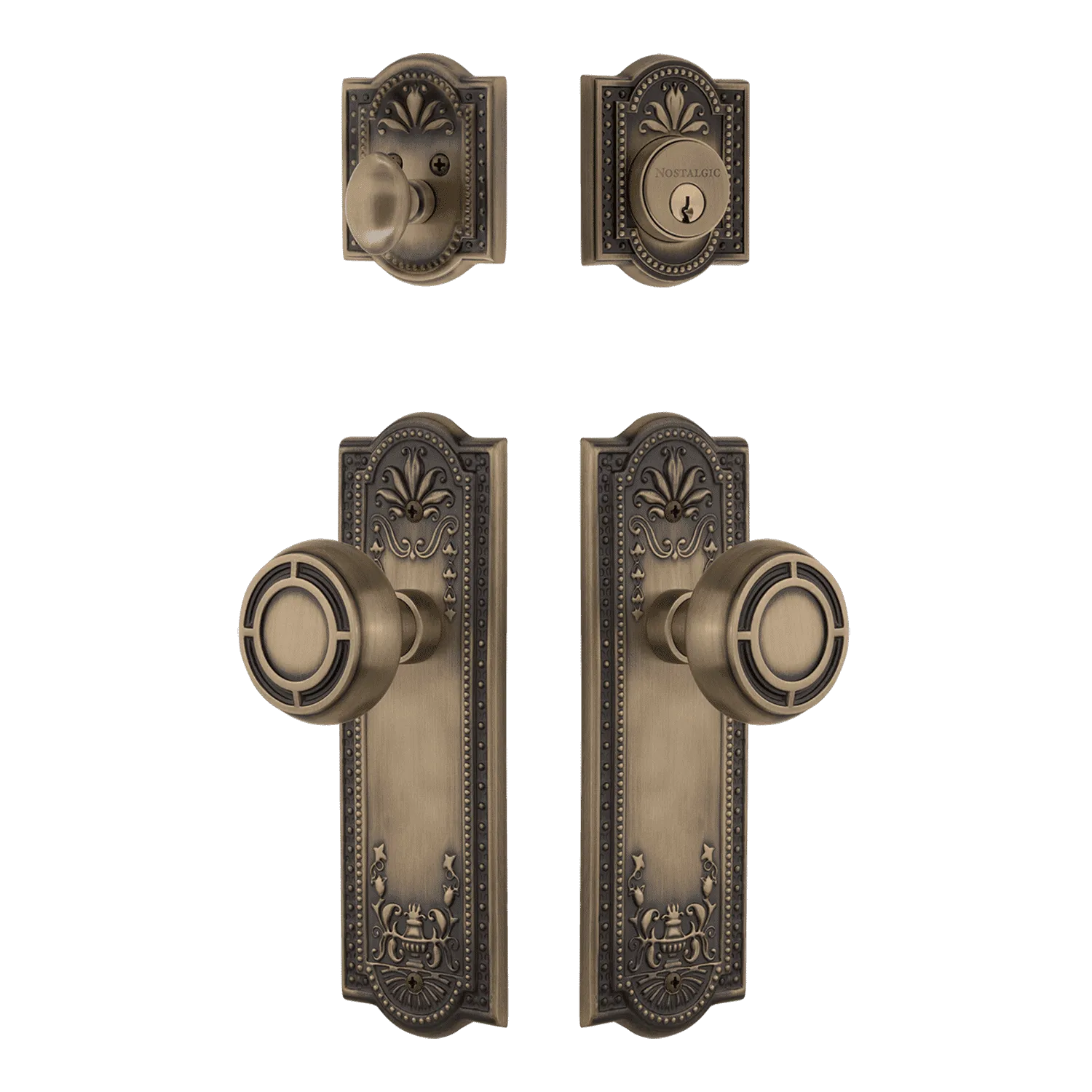 Meadows Entry Set with Mission Knob in Antique Brass