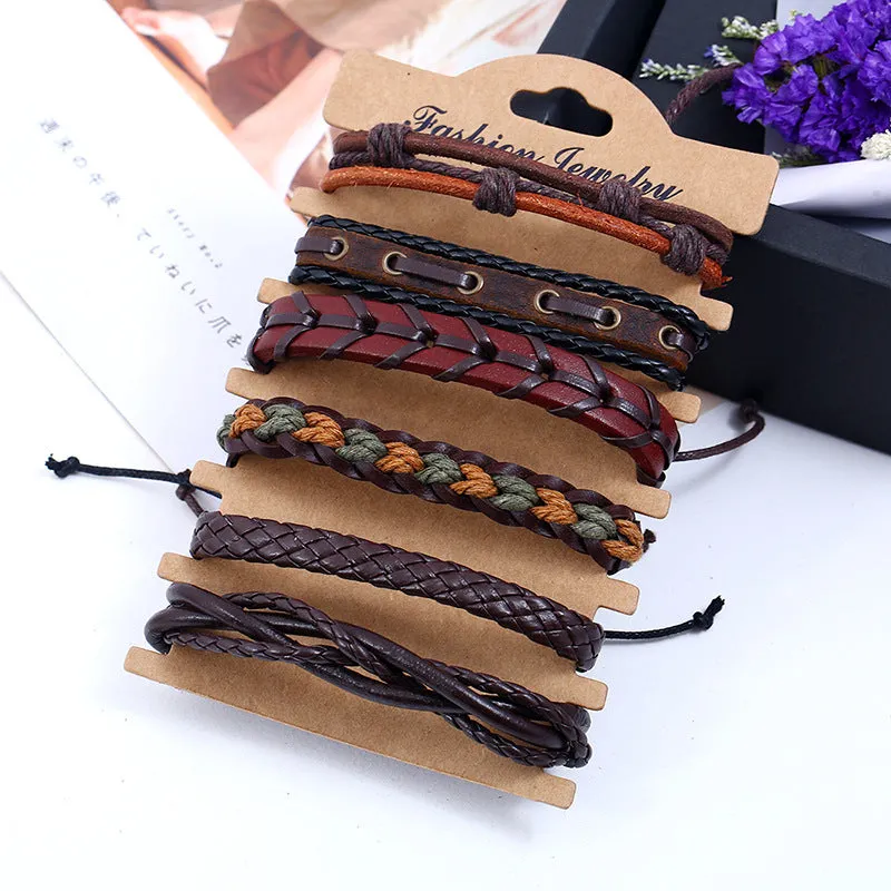 Men's Vintage Weave Cattle Leather Bracelet DIY Six-Piece Combination Multi-Layer Leather Bracelet