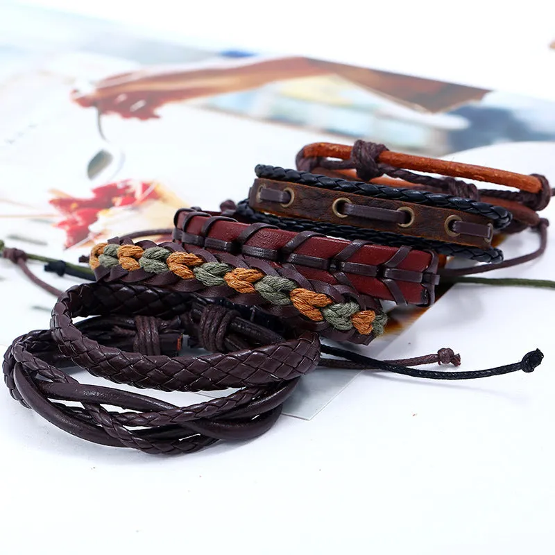 Men's Vintage Weave Cattle Leather Bracelet DIY Six-Piece Combination Multi-Layer Leather Bracelet