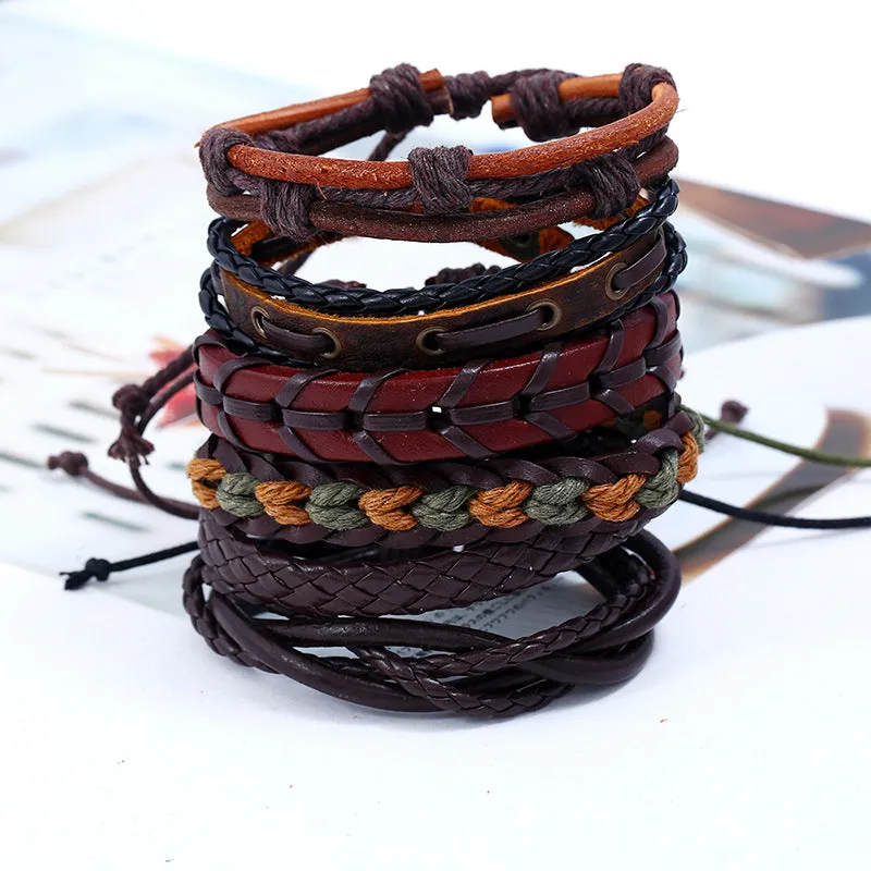 Men's Vintage Weave Cattle Leather Bracelet DIY Six-Piece Combination Multi-Layer Leather Bracelet