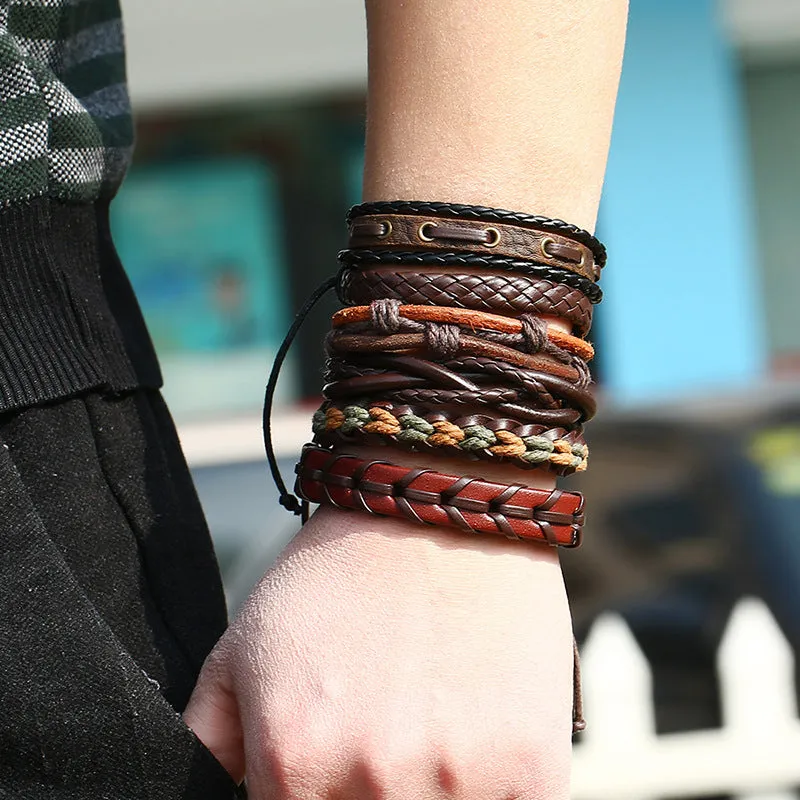 Men's Vintage Weave Cattle Leather Bracelet DIY Six-Piece Combination Multi-Layer Leather Bracelet