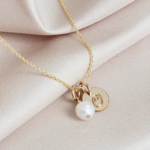 Minimalist Gold Initial Disc & Freshwater Pearl Necklace