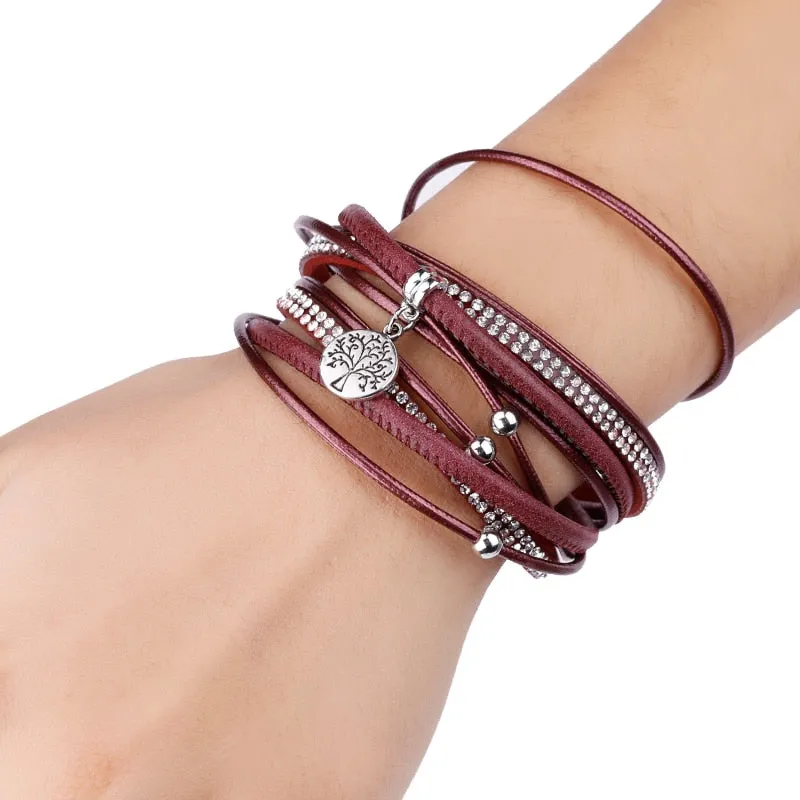 Multi-Layer Leather Tree of Life Crystal Bracelet Handmade