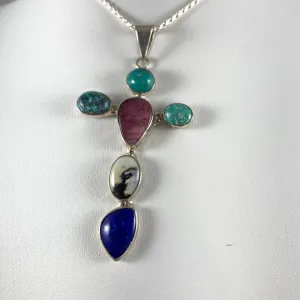 Multi-Stone & Sterling Silver Cross Pendant