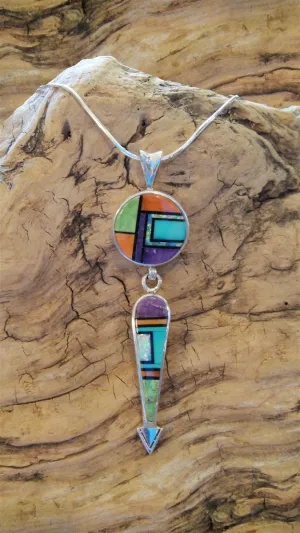 Native American Made Inlaid Multi-Stone and Sterling Silver Pendant