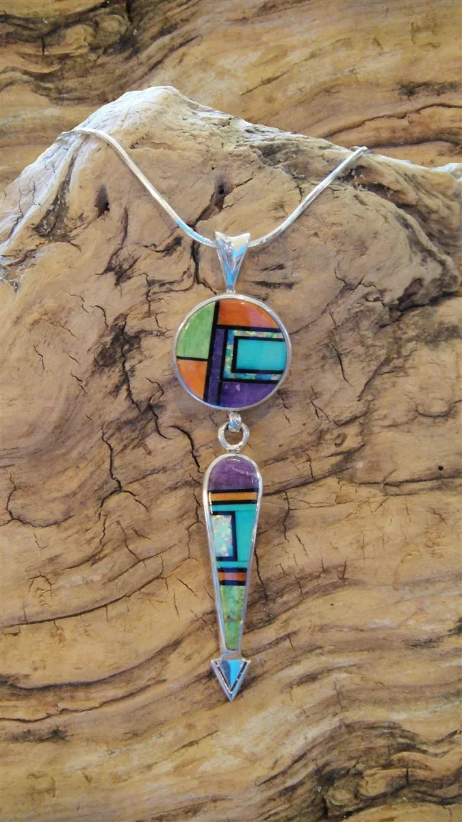 Native American Made Inlaid Multi-Stone and Sterling Silver Pendant