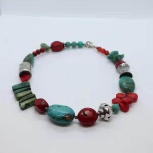 Necklace, Natural Coral and Turquoise Necklace with Silver, #218