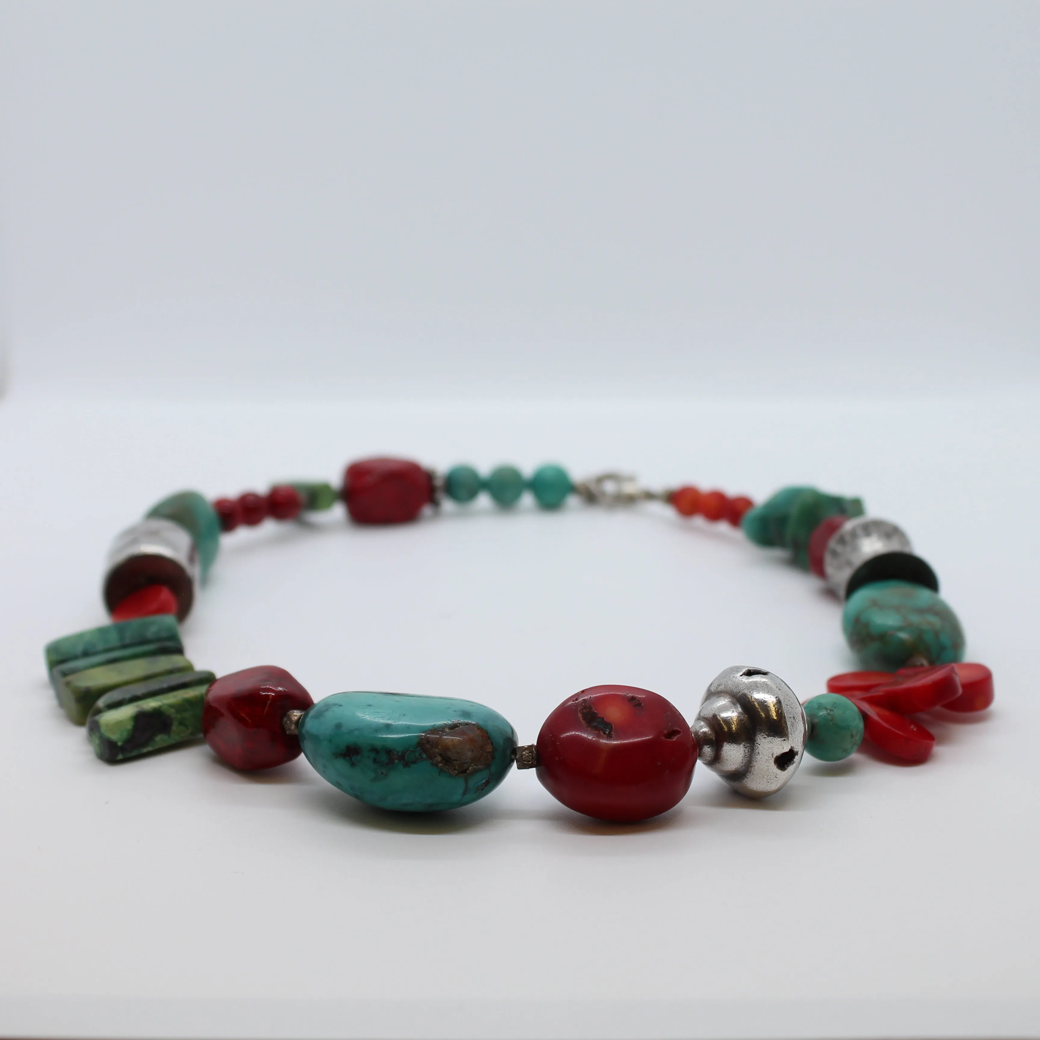 Necklace, Natural Coral and Turquoise Necklace with Silver, #218