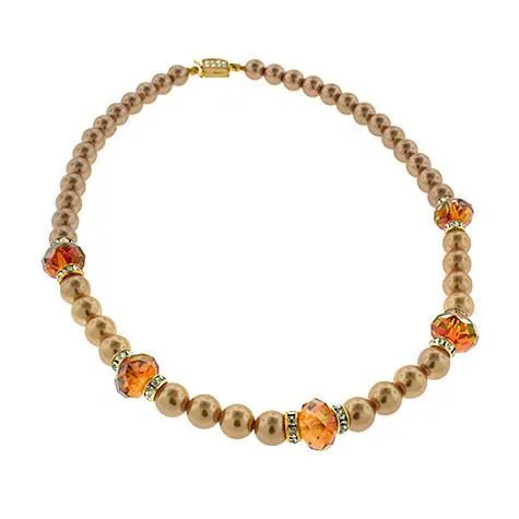 Orange Crystal & Gold Pearl Necklace