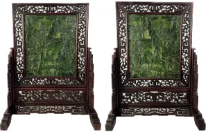 Pair of Chinese Spinach Jade Table Screens