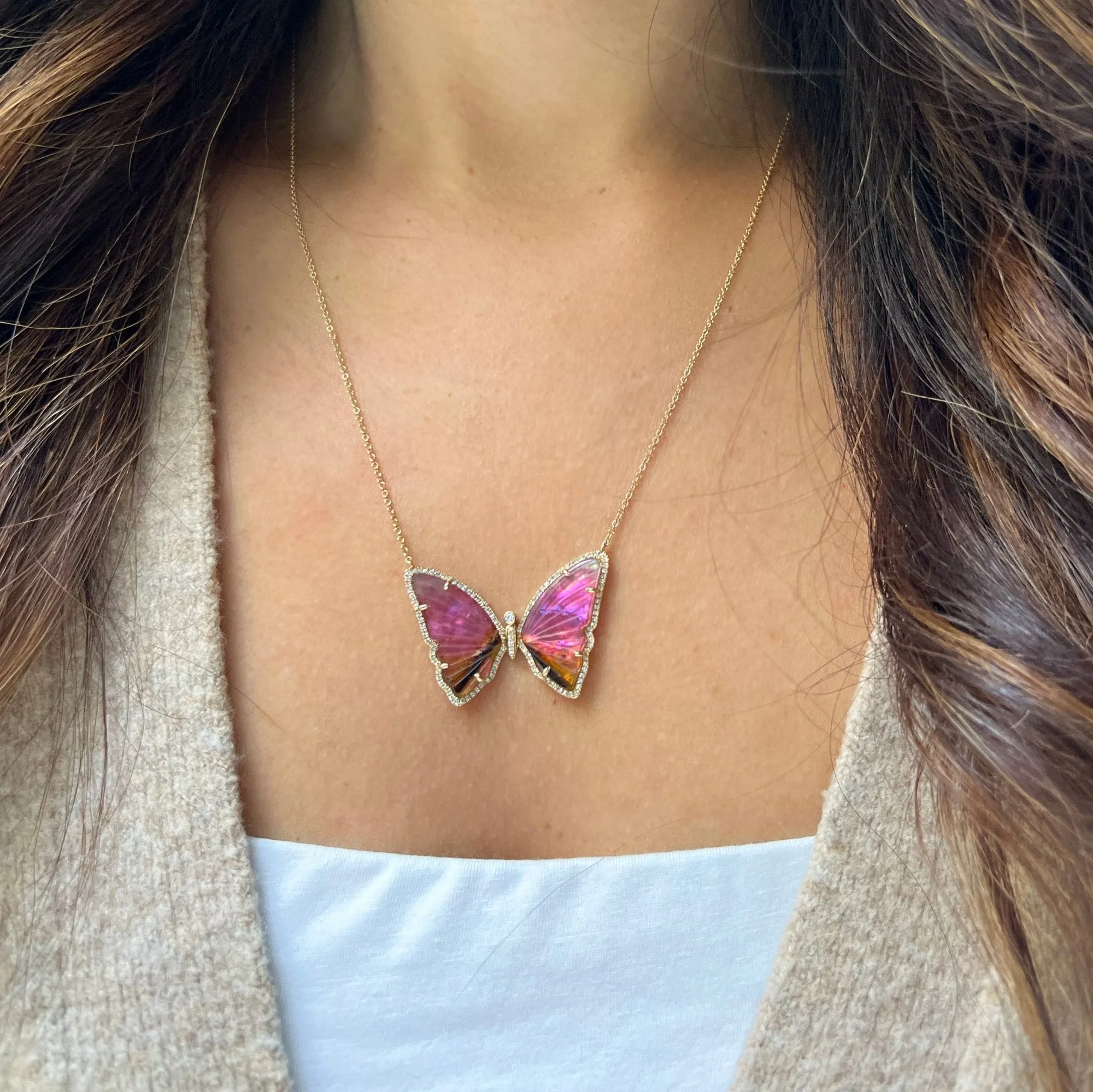 Pink Brown and Black Tourmaline Butterfly Necklace with Diamonds