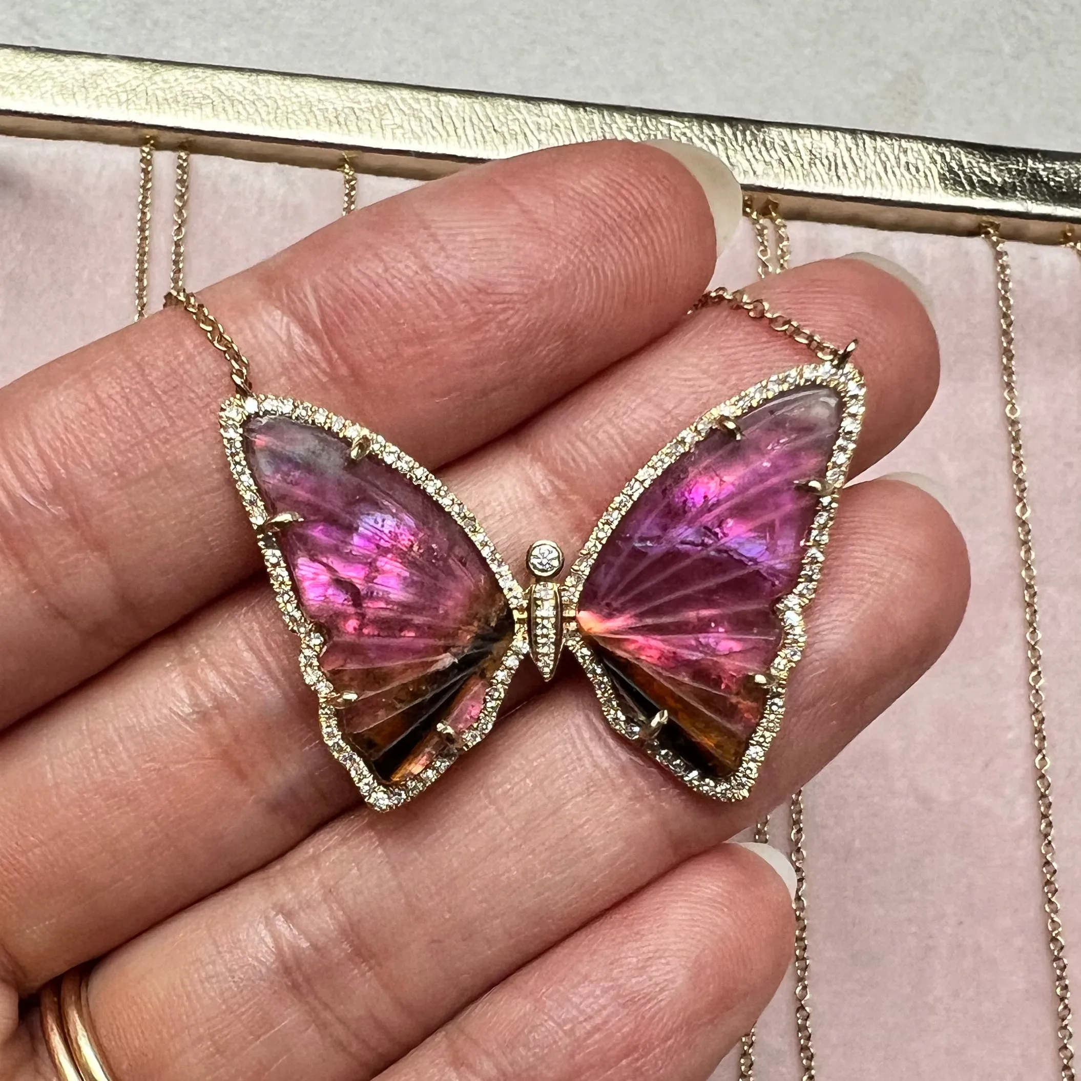 Pink Brown and Black Tourmaline Butterfly Necklace with Diamonds