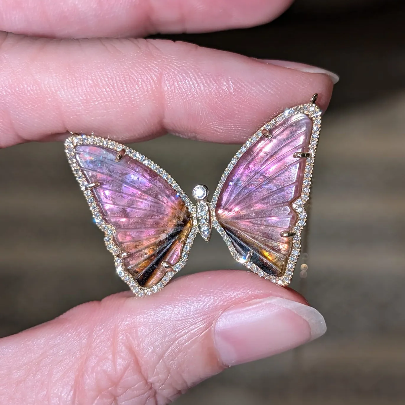 Pink Brown and Black Tourmaline Butterfly Necklace with Diamonds