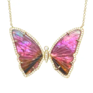 Pink Brown and Black Tourmaline Butterfly Necklace with Diamonds