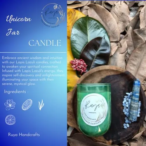 Ruya's Handcrafts Serinity Unicorn Jars Double Wick Lapis Lazuli stone | Evoking Tranquillity and Serenity Therapy Candle | Depression Buster Candle (Dreamy Lavender)