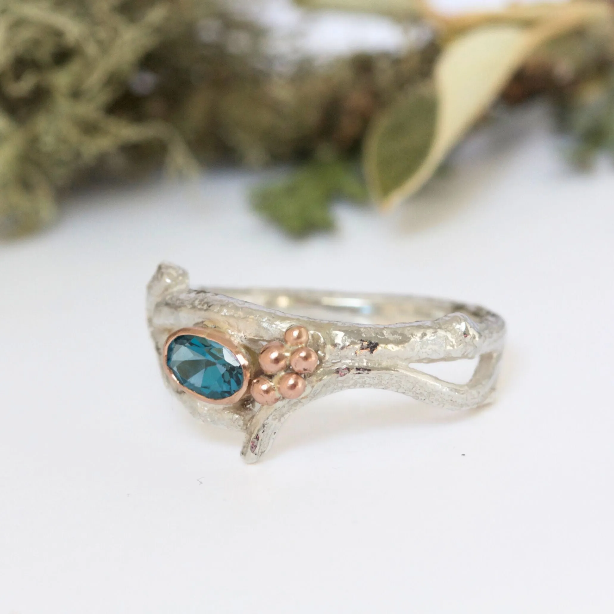 Silver and Rose Gold Twig Ring, Woodland Ring, Blue Topaz Ring