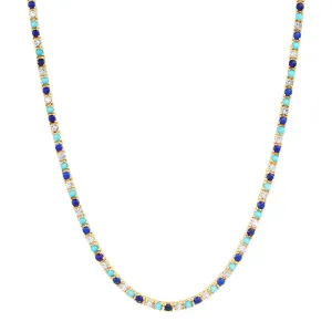 Small 4-Prong Diamond, Turquoise, and Lapis Tennis Necklace