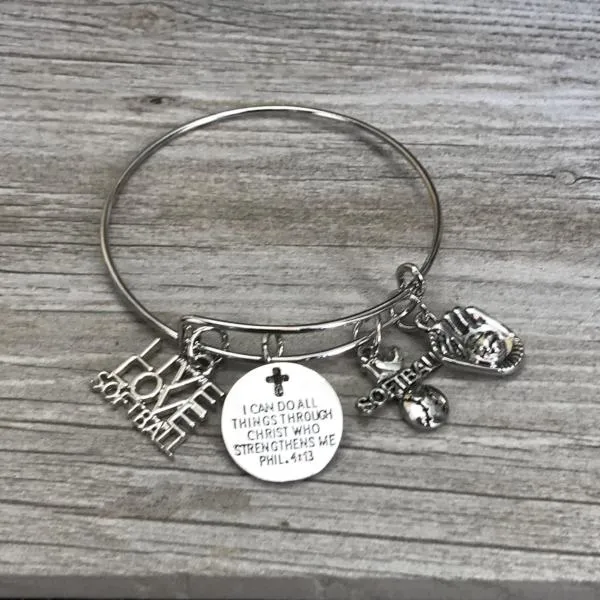 Softball I Can Do All Things Through Christ Who Strengthens Me Phil. 4:13 Bangle Bracelet