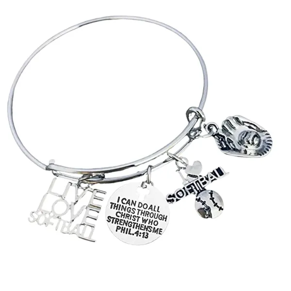 Softball I Can Do All Things Through Christ Who Strengthens Me Phil. 4:13 Bangle Bracelet