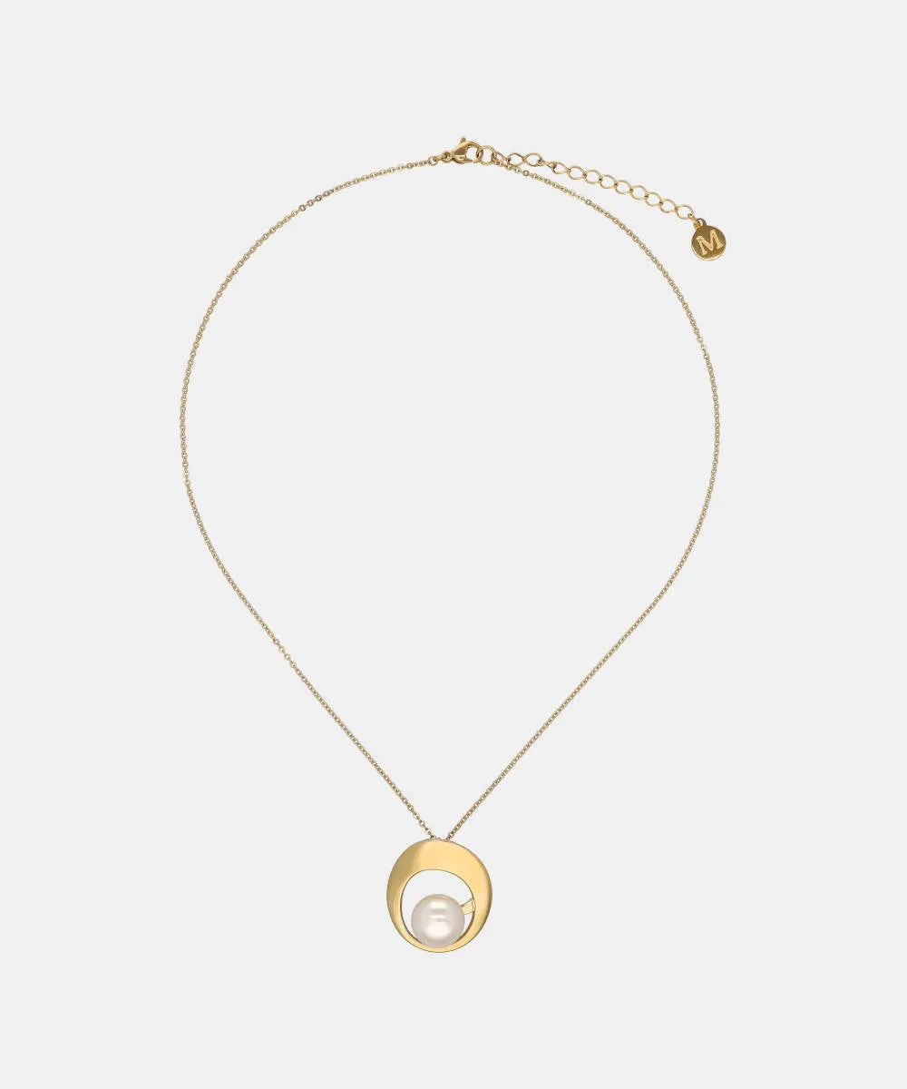 Steel Gold Plated Necklace for Women with 12mm Round White Pearl, 16.5" Length, Petra Collection