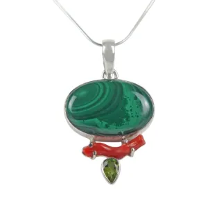 Sundari Jewellery Pretty Oval shaped Malachite Pendant set Accent with a Red Coral Branch and a Beautiful Faceted Peridot