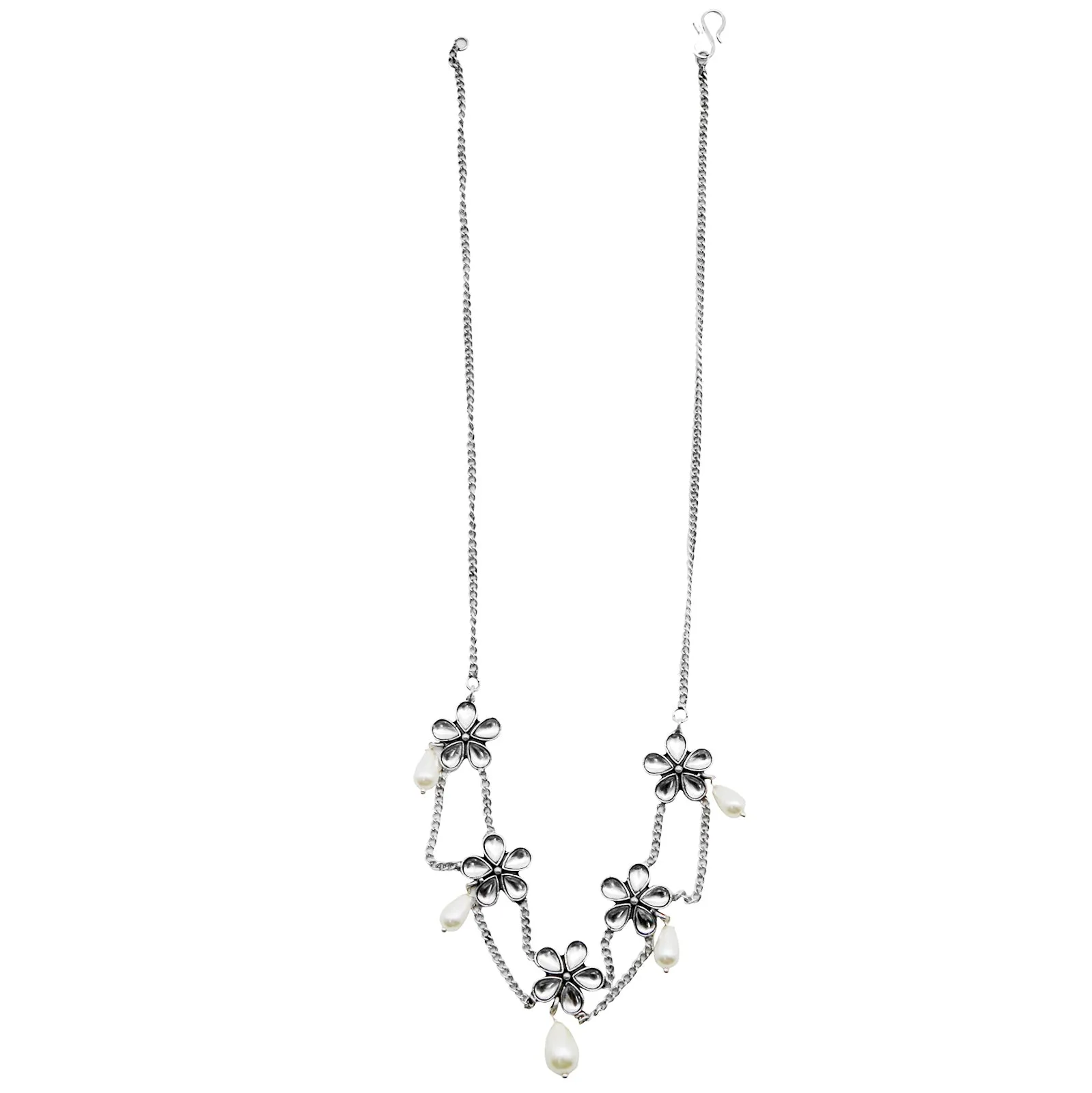 Teejh Floweret Polki Silver Oxidized Pearl Choker Necklace