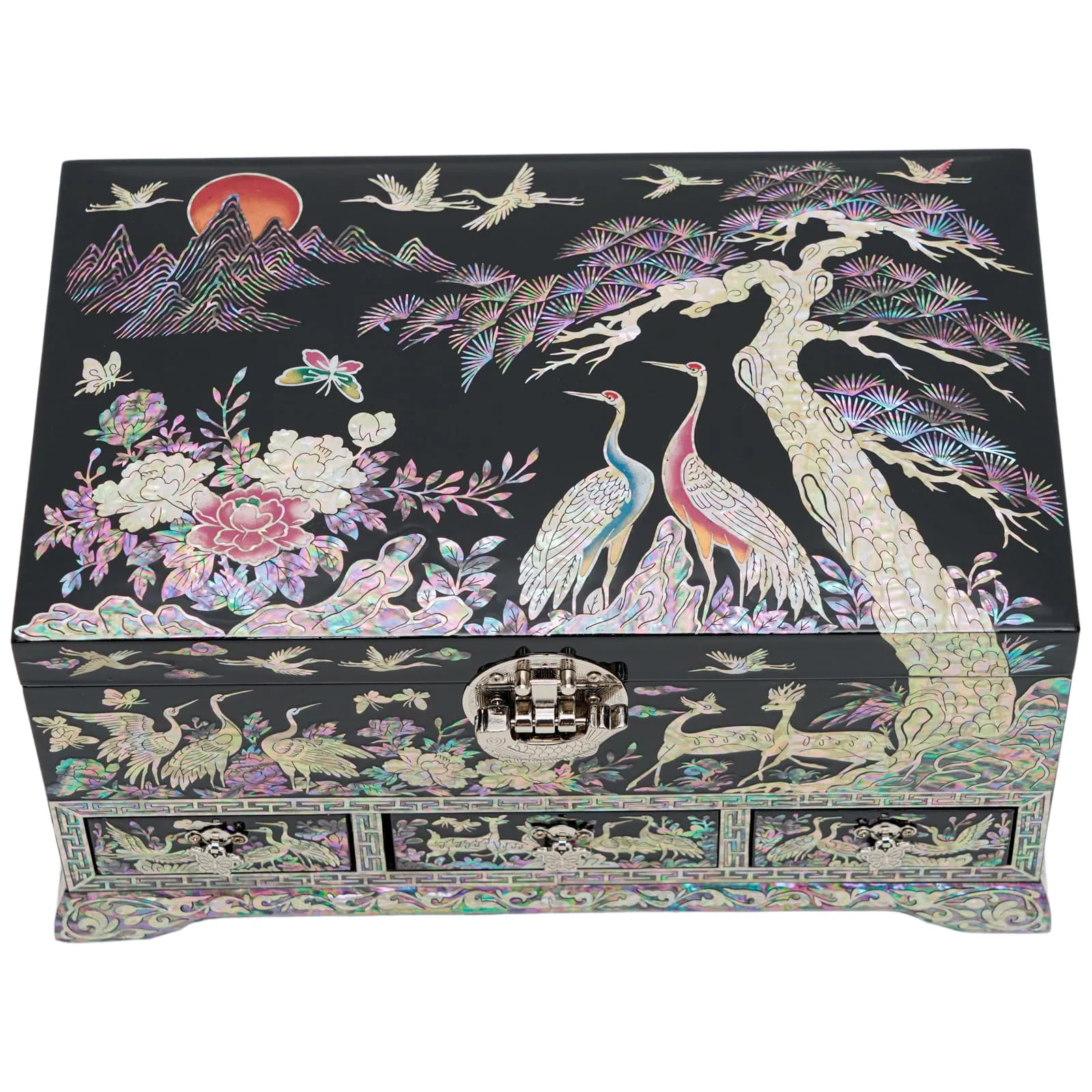 Traditional Korean Crane Art Lockable Jewelry Box