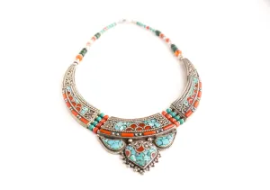 Turquoise & Coral Inlaid Tribal White Metal Collar Necklace