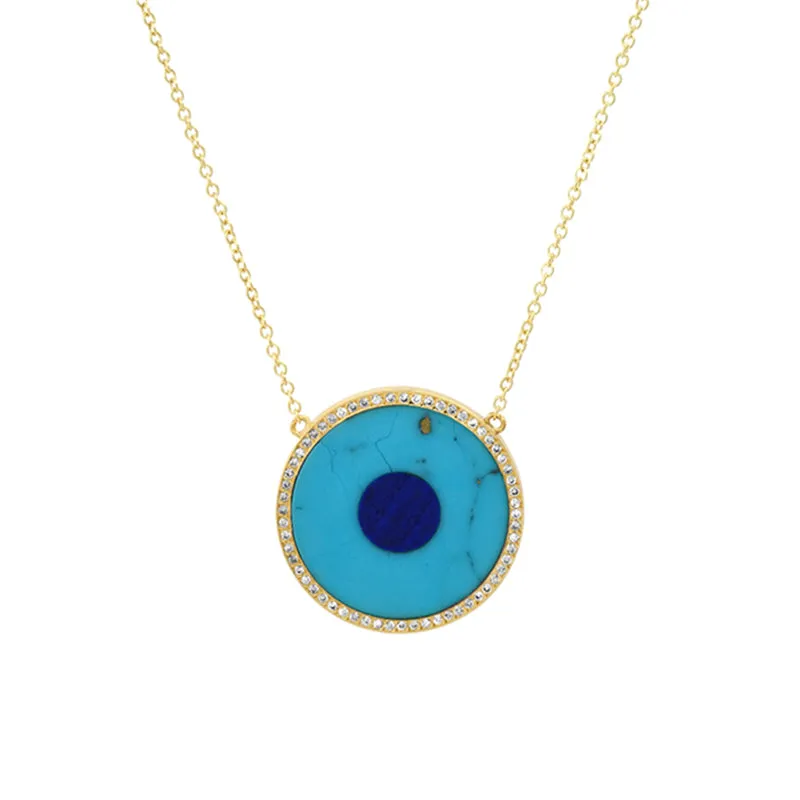 Turquoise Inlay Evil Eye Necklace with Diamonds