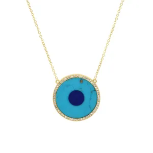 Turquoise Inlay Evil Eye Necklace with Diamonds