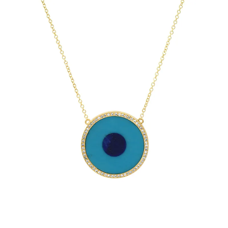 Turquoise Inlay Evil Eye Necklace with Diamonds