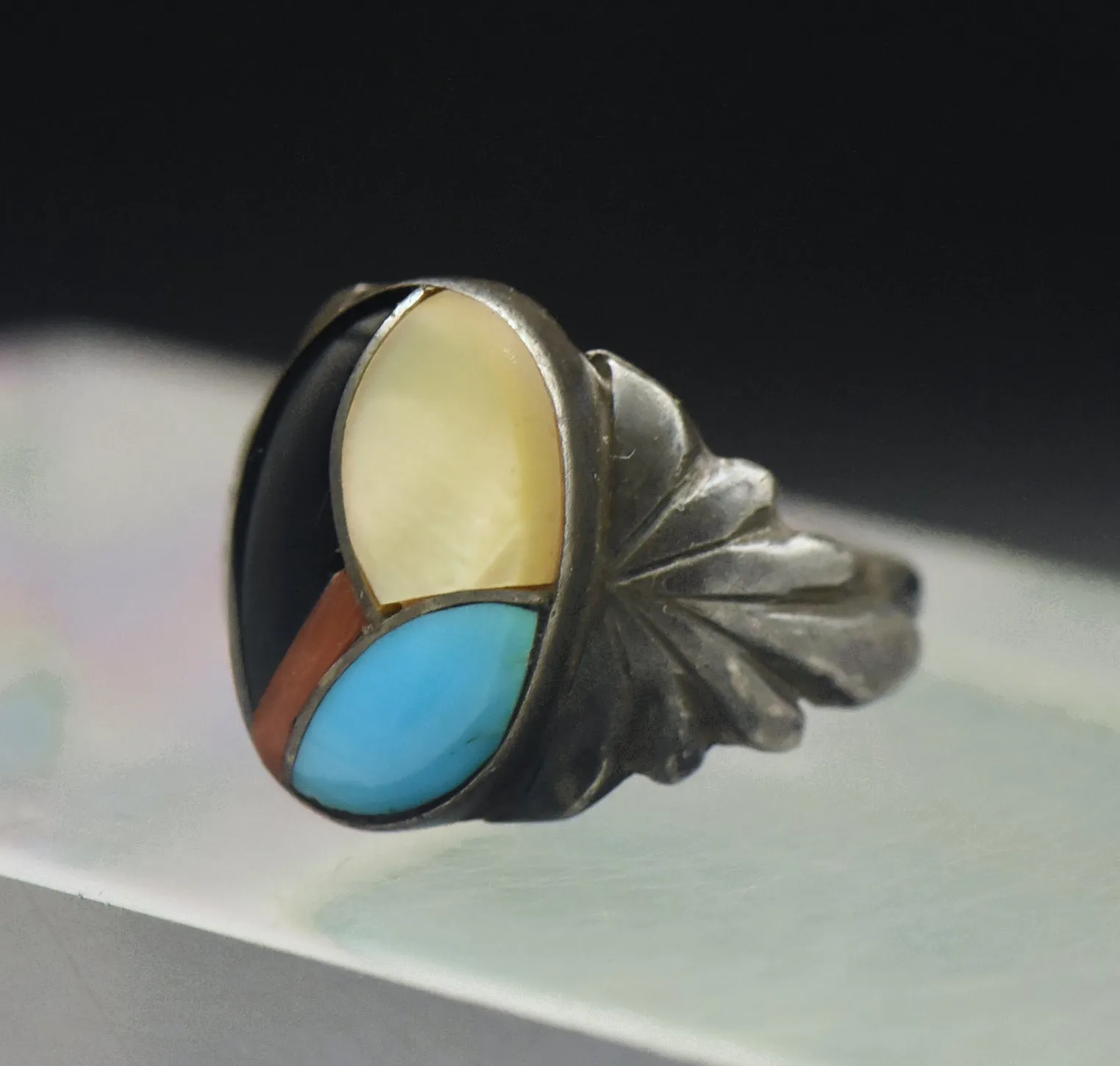 Vintage Handmade Inlaid Gemstone Sterling Silver Ring - Size 5.75