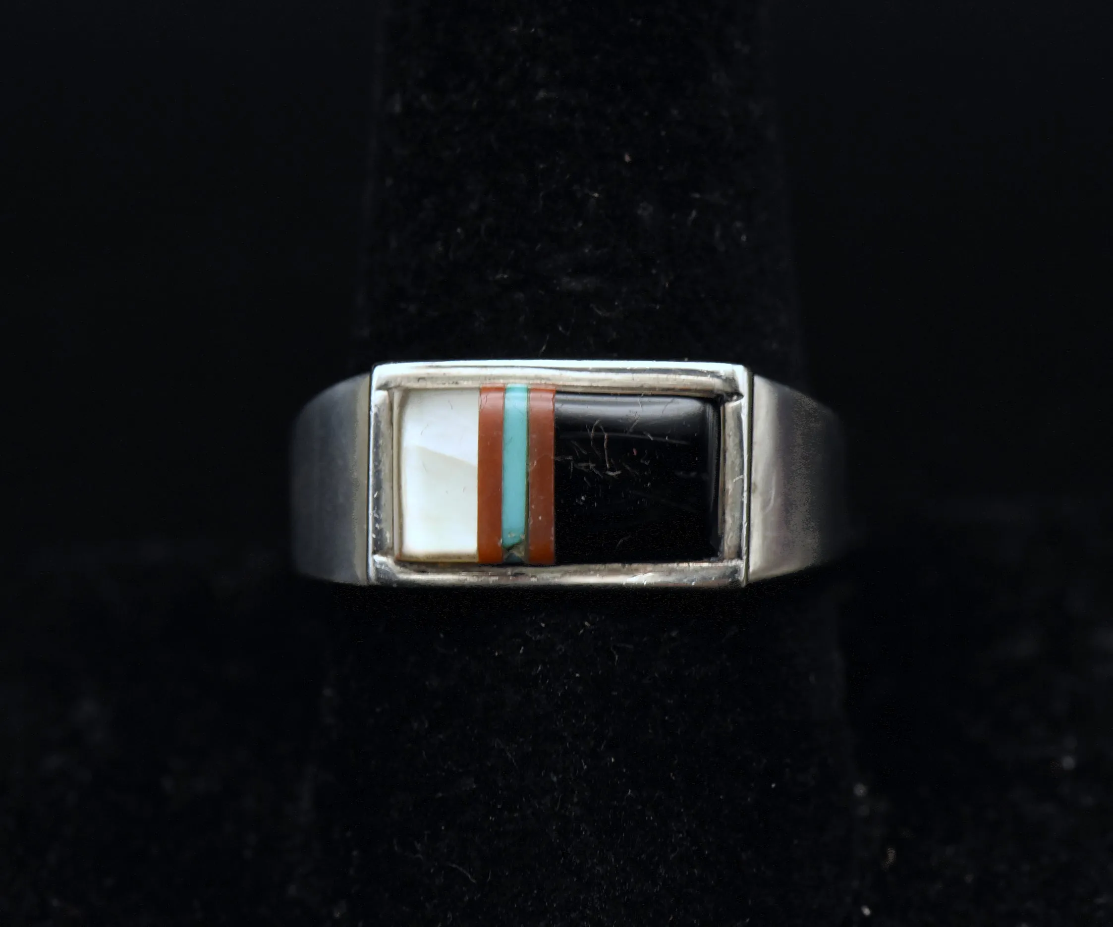 Vintage Handmade Sterling Silver Inlaid Ring with Adjuster