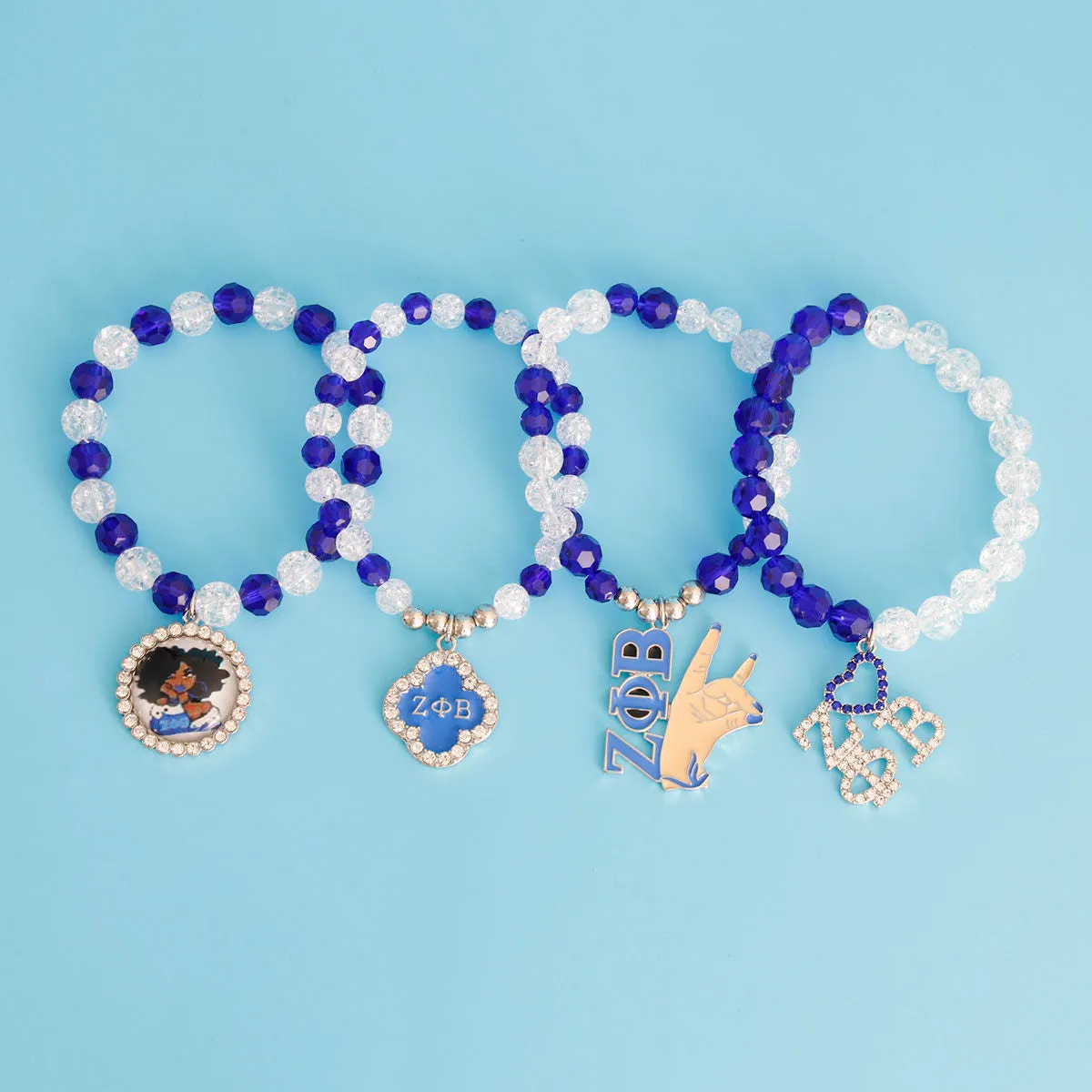 Zeta Phi Beta Charm Bracelet Set Blue Clear Bead Sorority Set